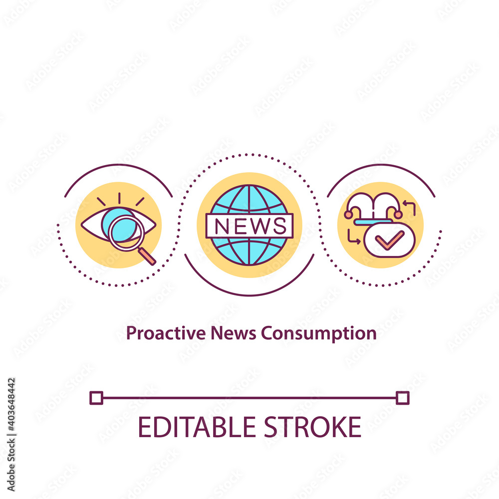 Proactive news consumption concept icon. Research information. Analyze fake facts. Journalism idea thin line illustration. Vector isolated outline RGB color drawing. Editable stroke Proactive news consumption concept icon. Research information. Analyze fake facts. Journalism idea thin line illustration. Vector isolated outline RGB color drawing. Editable stroke
