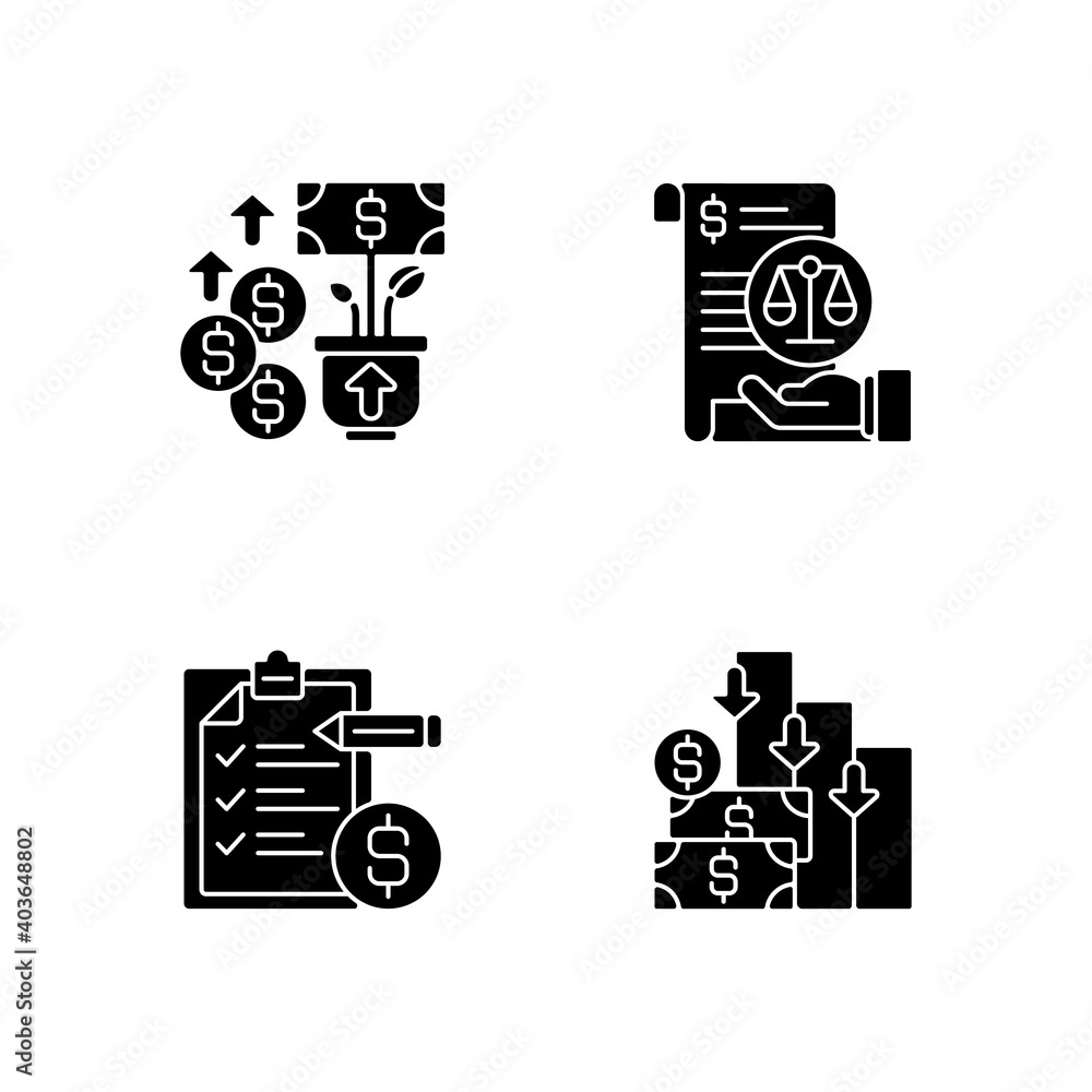 Accounting black glyph icons set on white space. Increasing cash assets of your business. Mananging bank account of company. Cash flow view. Silhouette symbols. Vector isolated illustration Accounting black glyph icons set on white space. Increasing cash assets of your business. Mananging bank account of company. Cash flow view. Silhouette symbols. Vector isolated illustration