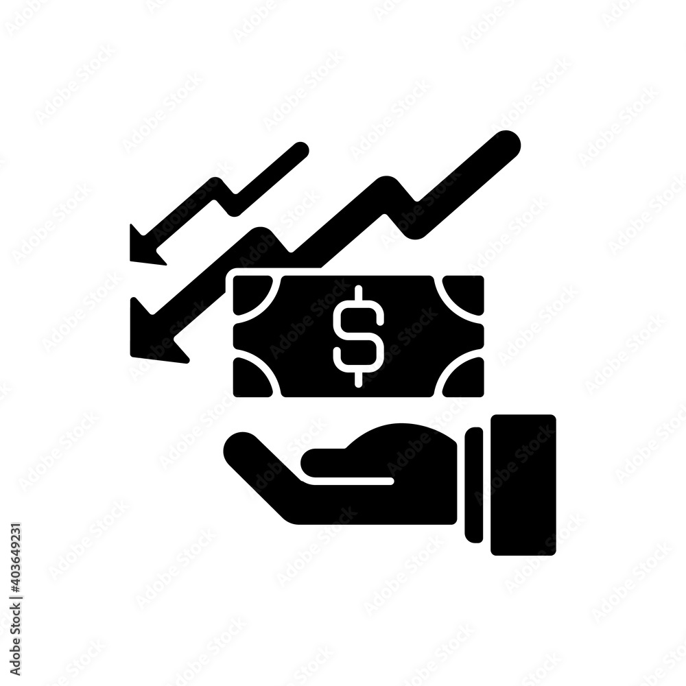 Depreciation black glyph icon. Accounting method of allocating cost of different assets over its useful life or life expectancy. Silhouette symbol on white space. Vector isolated illustration