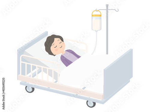 胃ろうで栄養剤を投与中のおばあちゃんのイラスト_閉眼