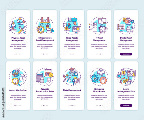 Increasing invested assets onboarding mobile app page screen with concepts set. AM benefits walkthrough 5 steps graphic instructions. UI vector template with RGB color illustrations