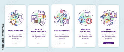Asset management benefits onboarding mobile app page screen with concepts. Monitoring, amortization rates walkthrough 5 steps graphic instructions. UI vector template with RGB color illustrations