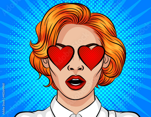 Color vector poster in pop art style. Girl with red hair on a blue halftone background. The girl is in love. Valentines day card