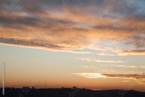 Dramatic sunset sky with cityscape silhouette