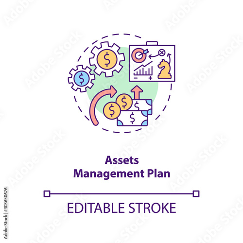 Assets management plan concept icon. AM benefit idea thin line illustration. Calculating life-cycle costs. Long-term financial planning. Vector isolated outline RGB color drawing. Editable stroke