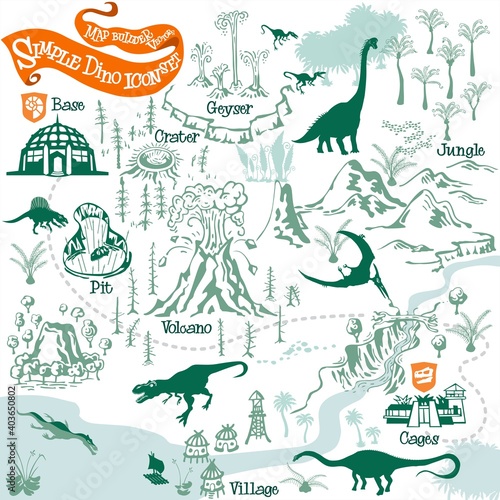 Prehistoric dinosaurs map builder with simple icon elements in vector adventure illustration format