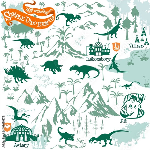 Prehistoric dinosaurs map builder with simple icon elements in vector adventure illustration format