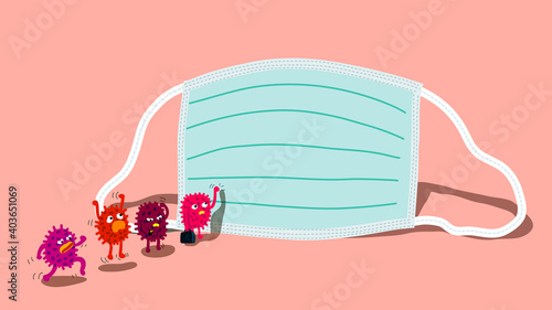 Virus cartoon characters knocking on face mask wall trying to get through. Stay safe, wearing face mask concept.