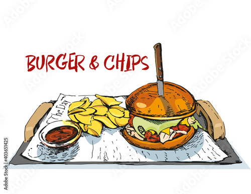 Illustration of beef burger, chips and sauce. Fast food. Vintage burger poster.