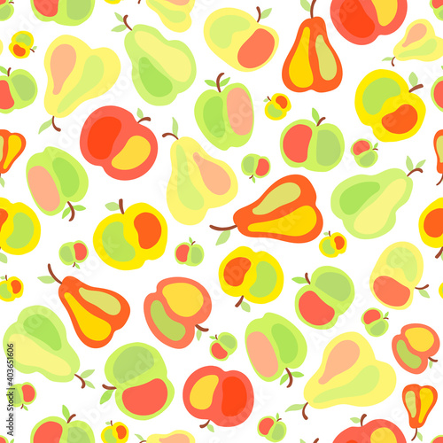 Fruit seamless pattern. Apples and pears friuts illustration. Juicy green  yellow and orange fruits.