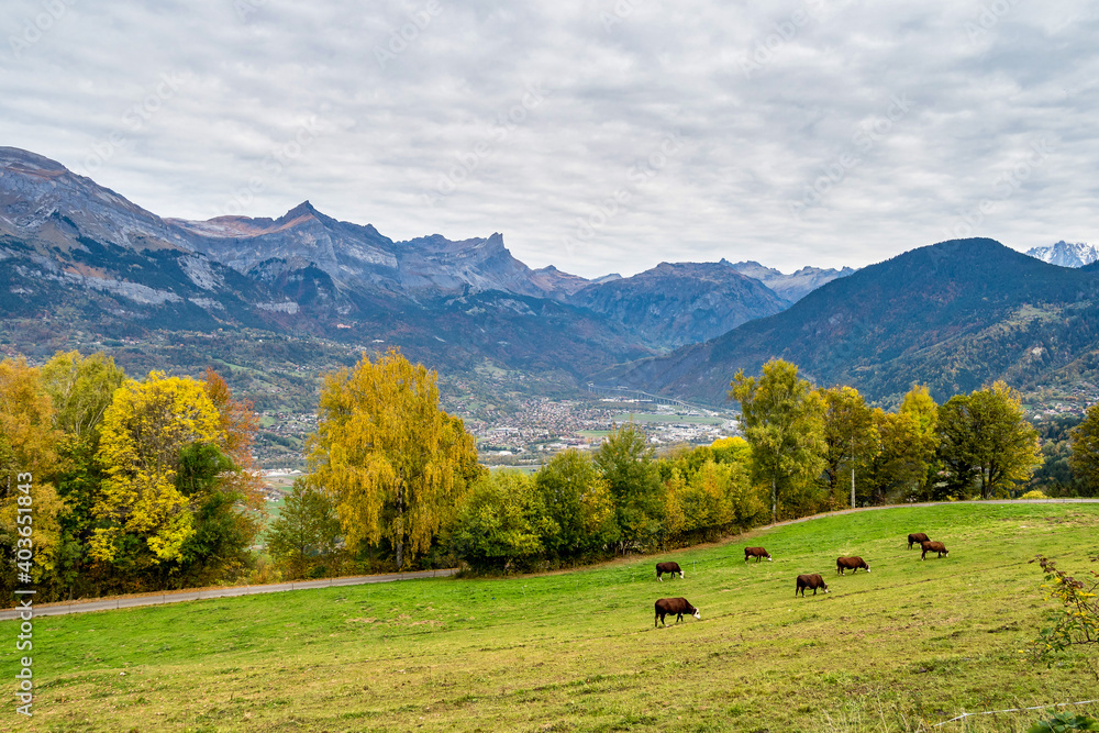 French Alps in autumn. Road near Megeve, France, Europe. The mountains of Haute Savoie near Chamonix-Mont-Blanc