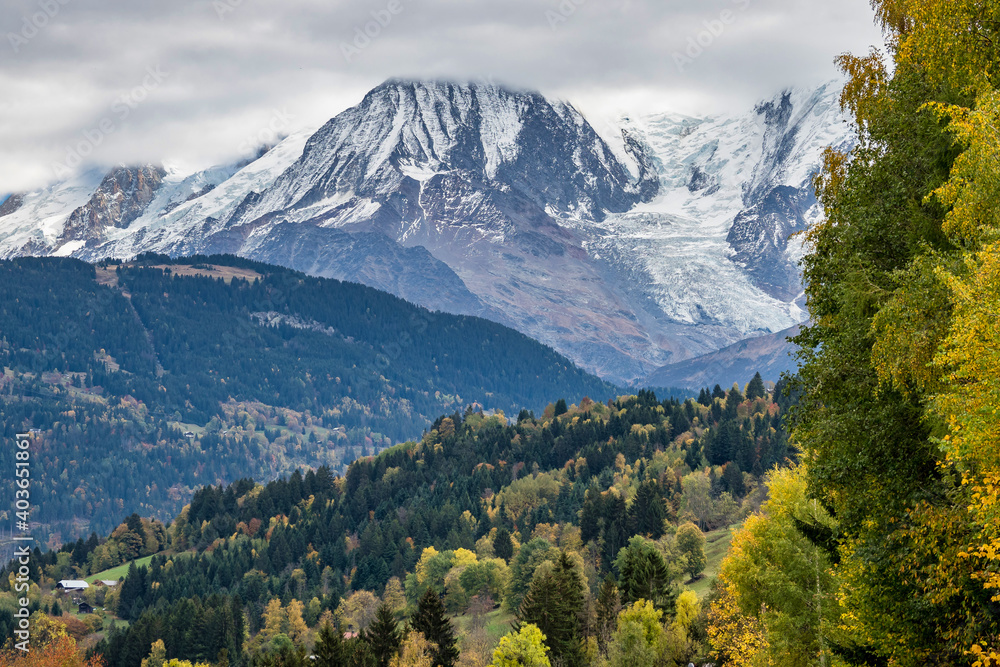 French Alps in autumn. Road near Megeve, France, Europe. The mountains of Haute Savoie near Chamonix-Mont-Blanc