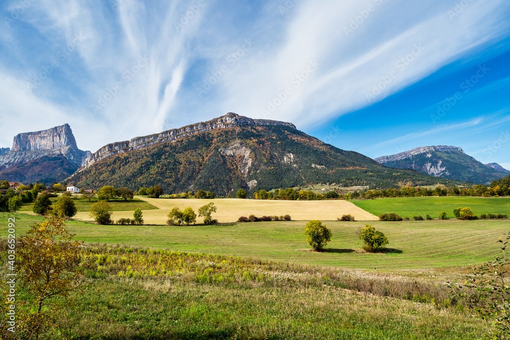 French countryside. Clelles: view of the heights of the Vercors, the marly hills and the valley Val de Drome, France
