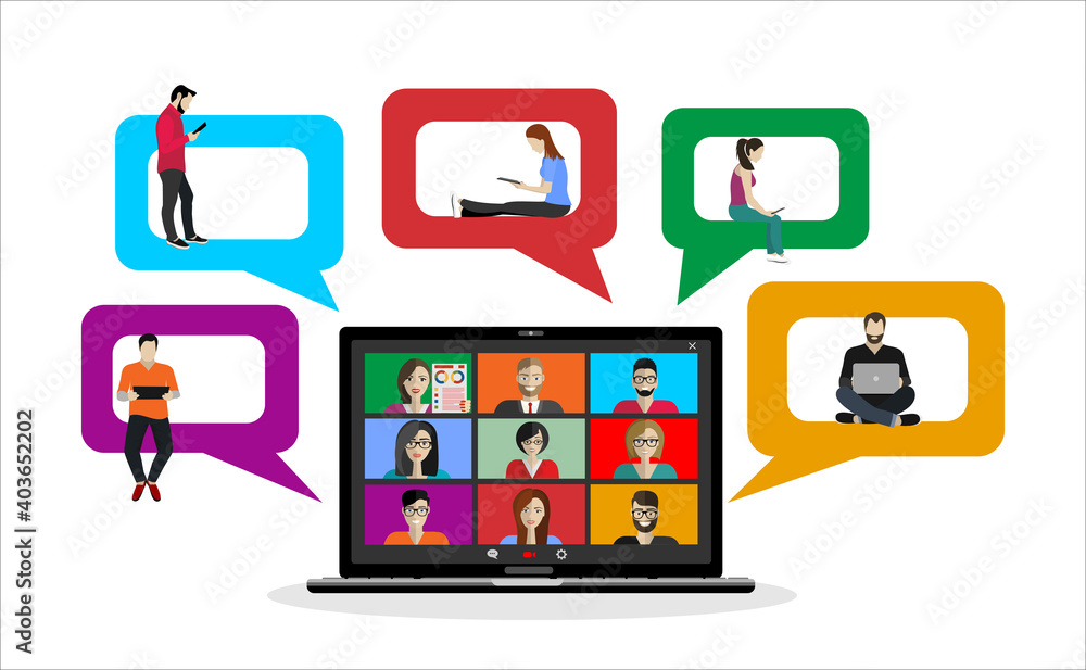 Video call conference concept. Young people making video call through virtual user interface window. Working from home. Social distancing. Remote project management. Vector isolated illustration Video call conference concept. Young people making video call through virtual user interface window. Working from home. Social distancing. Remote project management. Vector isolated illustration