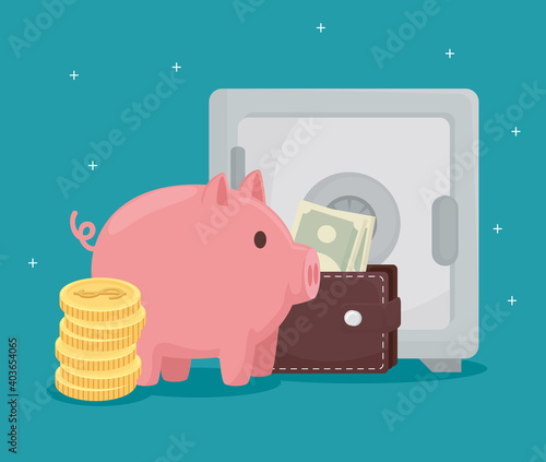 Coins piggy wallet with bills and strongbox of money financial business banking commerce and market theme Vector illustration