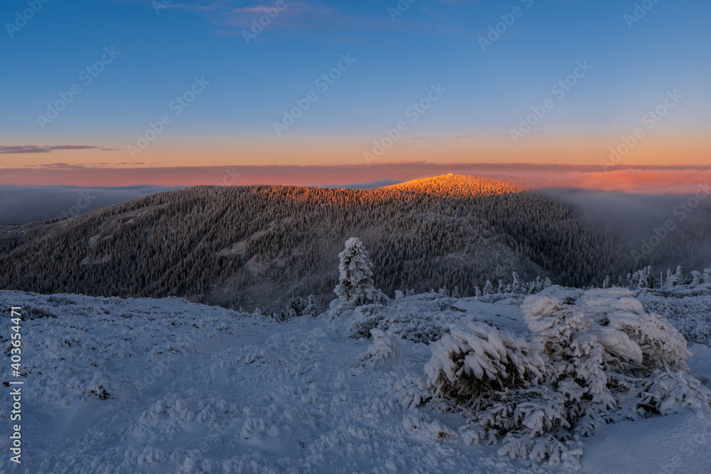 Fantastic morning landscape glowing by sunlight. Dramatic wintry scene. Natural park. Jeseniky czech, Europe. Beauty world. Sunrise in winter mountain Fantastic morning landscape glowing by sunlight. Dramatic wintry scene. Natural park. Jeseniky czech, Europe. Beauty world. Sunrise in winter mountain