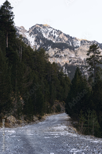 Snow road in the mountains in a cold winter in Canada
