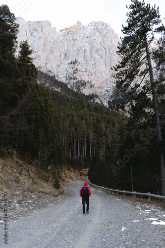 Snow road in the mountains in a cold winter in Canada