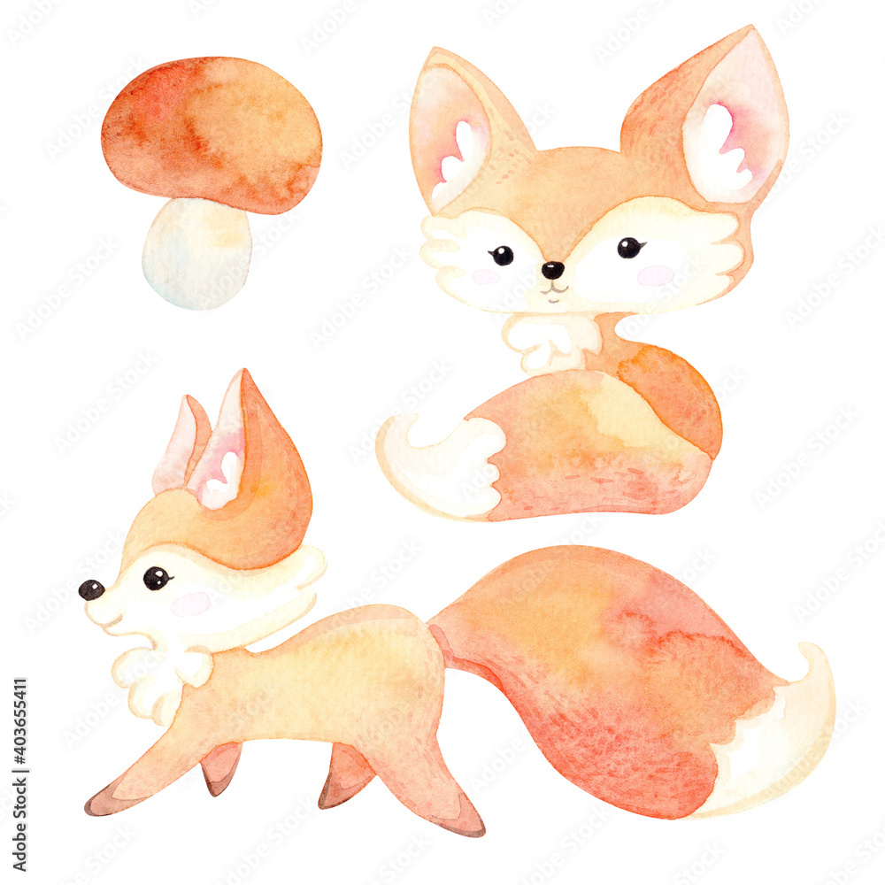 Fototapeta premium Watercolor cartoon illustration. Autumn forest set. Lovely forest animals. Red fox, mushrooms. Isolated white background.