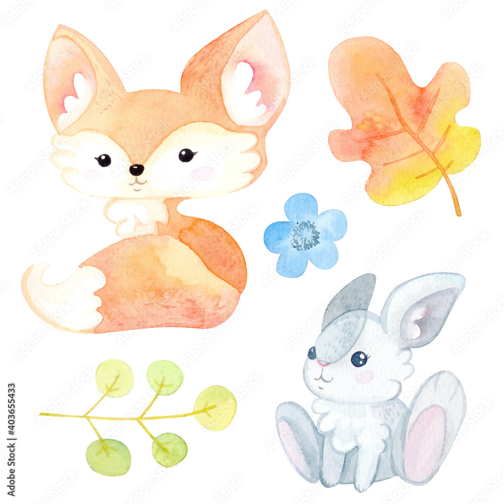 Watercolor cartoon illustration. Autumn forest set. Lovely forest animals. Red fox, leaves, hare, flowers. Isolated white background.