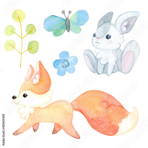 Watercolor cartoon illustration. Autumn forest set. Lovely forest animals. Red fox, leaves, berries, hare, flowers, butterfly. Isolated white background.
