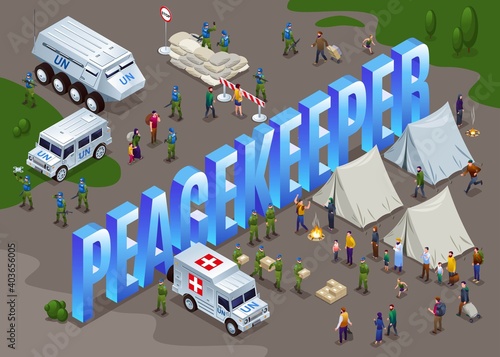 Peacekeepers Blue Helmets United Nations and isometric word  Peacekeeper isometric icons on isolated background