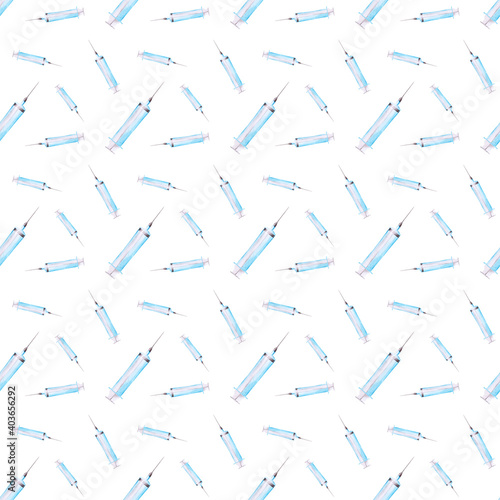 The watercolor medical seamless pattern on a white background. Hand-drawn syringe endless print. Cute nurse backdrop. Hospital wallpaper.