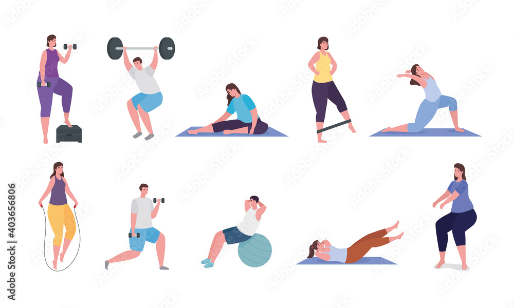 People doing exercise icon collection design, Gym sport and bodybuilding theme Vector illustration