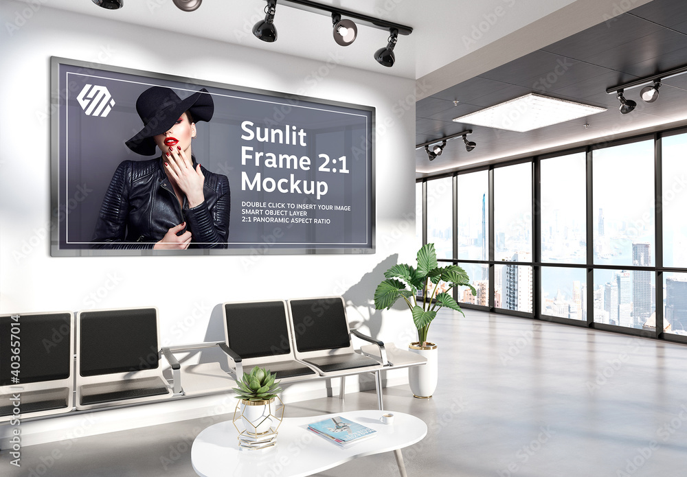 Panoramic Frame Hanging on Office Waiting Room Wall Mockup Stock