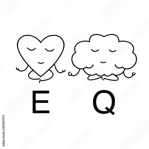 Heart and brain meditate. EQ emotional intelligence, balance of feelings and mind. Vector black and white illustration. Icons of calm, heart and brain.  photo