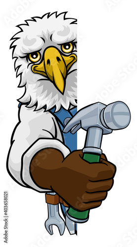 An eagle cartoon animal mascot carpenter or handyman builder construction maintenance contractor peeking around a sign holding a hammer