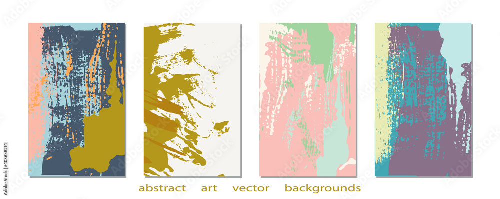 Collection of abstract creative backgrounds. Hand painted textures set. Trendy graphic artwork for poster, cover, invitation. Vector templates with paint strokes and shapes in pastel retro colors.