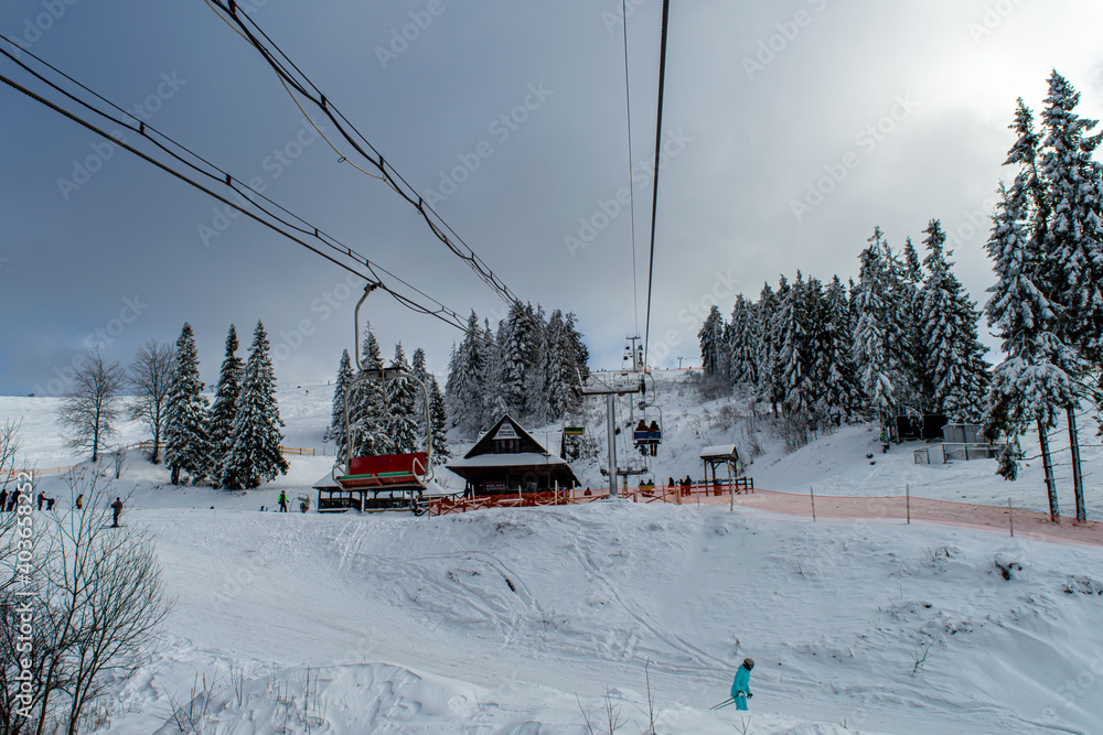 Skiing on mountain Zakhar Berkut, Carpathian mountains in Slavske, Ukraine on January 1, 2020. Skiing on mountain Zakhar Berkut, Carpathian mountains in Slavske, Ukraine on January 1, 2020.