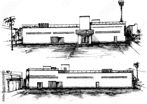 sketchy black and white image of a club exterior. Back and front elevation
Monochrome freehand illustration 
