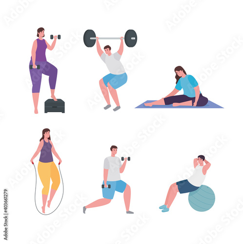 People doing exercise symbol set design, Gym sport and bodybuilding theme Vector illustration