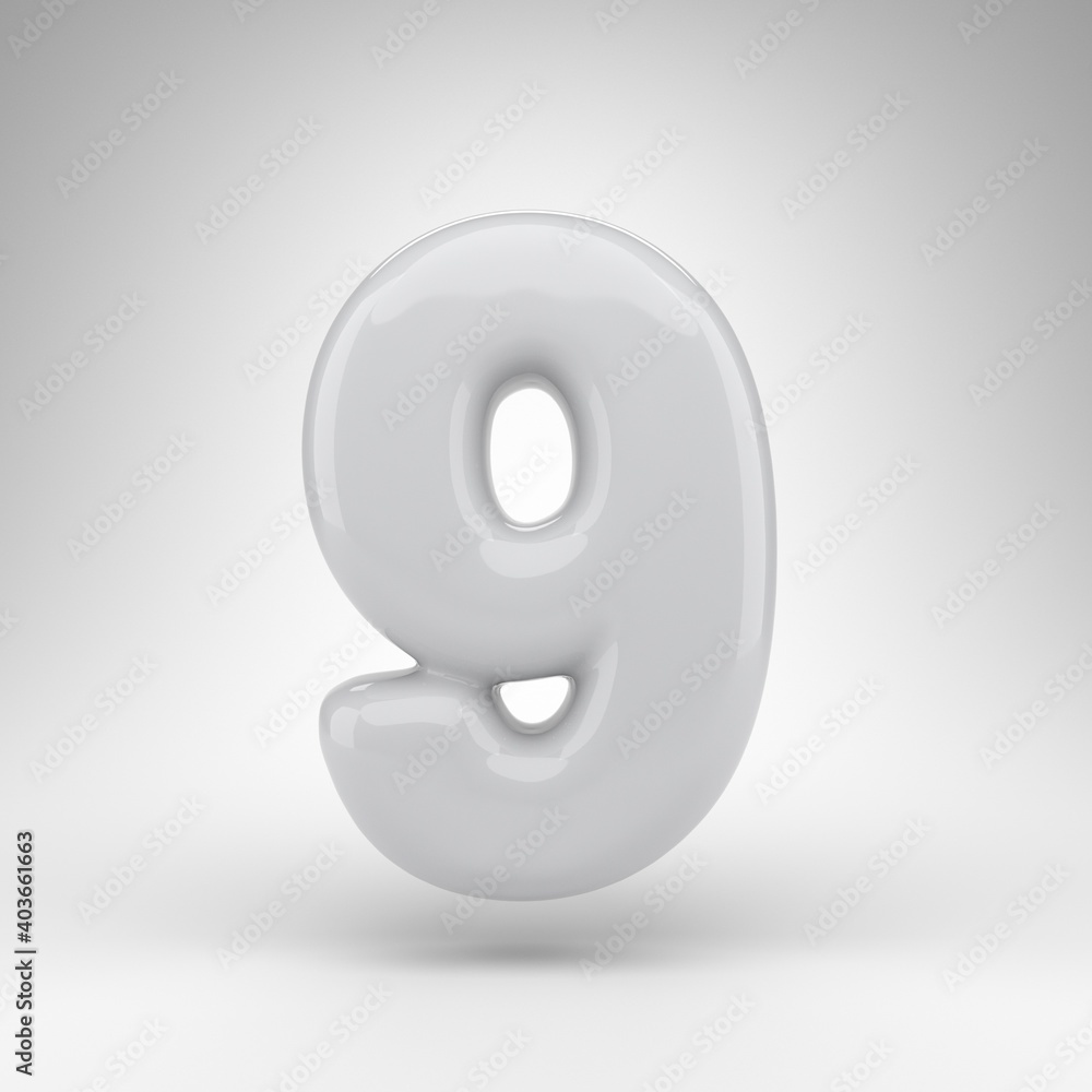 Number 9 on white background. White plastic 3D rendered number with glossy surface. Number 9 on white background. White plastic 3D rendered number with glossy surface.