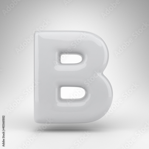 Letter B uppercase on white background. White plastic 3D rendered font with glossy surface.