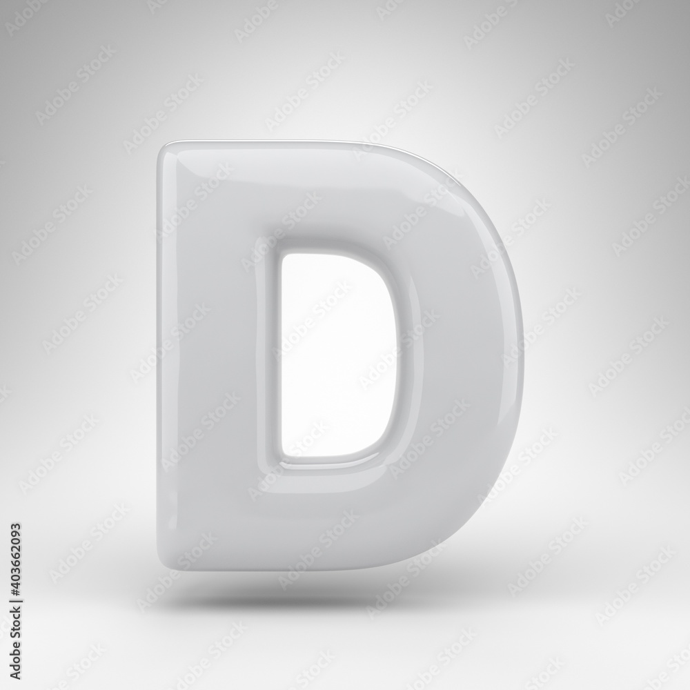 Letter D uppercase on white background. White plastic 3D rendered font with glossy surface. Letter D uppercase on white background. White plastic 3D rendered font with glossy surface.