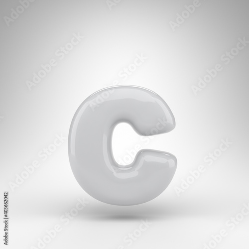 Letter C lowercase on white background. White plastic 3D rendered font with glossy surface.