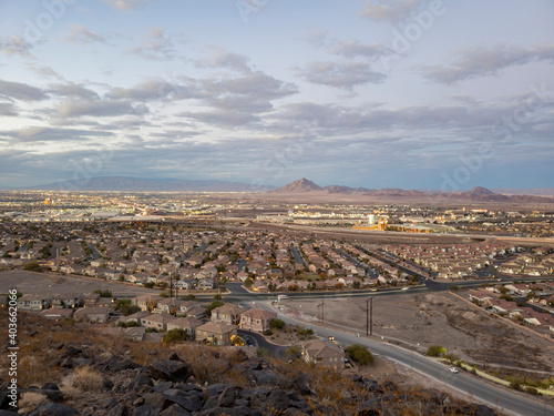 Sunset high angle time view of the Henderson cityscape