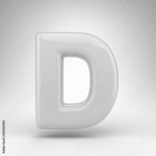 Letter D uppercase on white background. White plastic 3D rendered font with glossy surface.