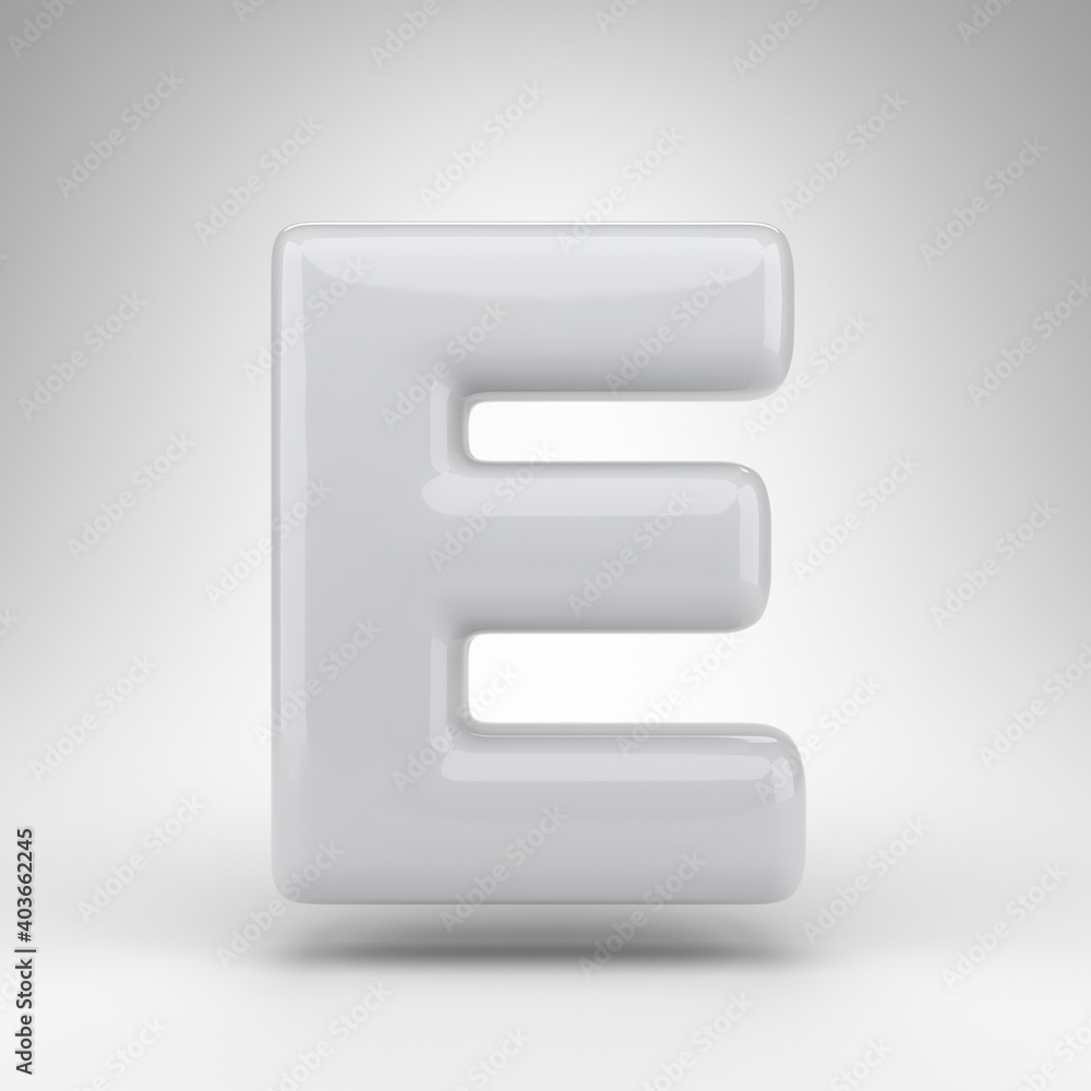 Letter E uppercase on white background. White plastic 3D rendered font with glossy surface.