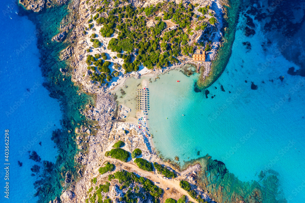 Cost of Sardinia: Peninsula of Punta Molentis. View of beautiful beach at Punta Molentis, Villasimius, Sardinia, Italy. Beautiful bay with sandy beach at Punta Molentis, Sardinia island, Italy.