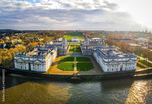 Stampa su tela Aerial view of Old Royal Naval College in Greenwich, London