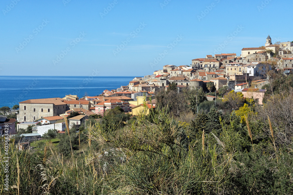 Scalea, district of Cosenza, Calabria, Italy, view of the historic center of the village, in the background the Tyrrhenian Sea