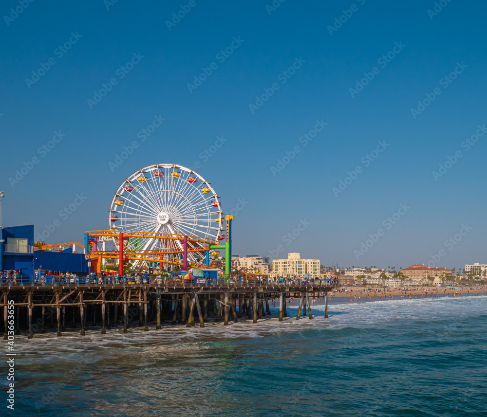 Wide view of Santa Monica pier Ferris Wheel in California