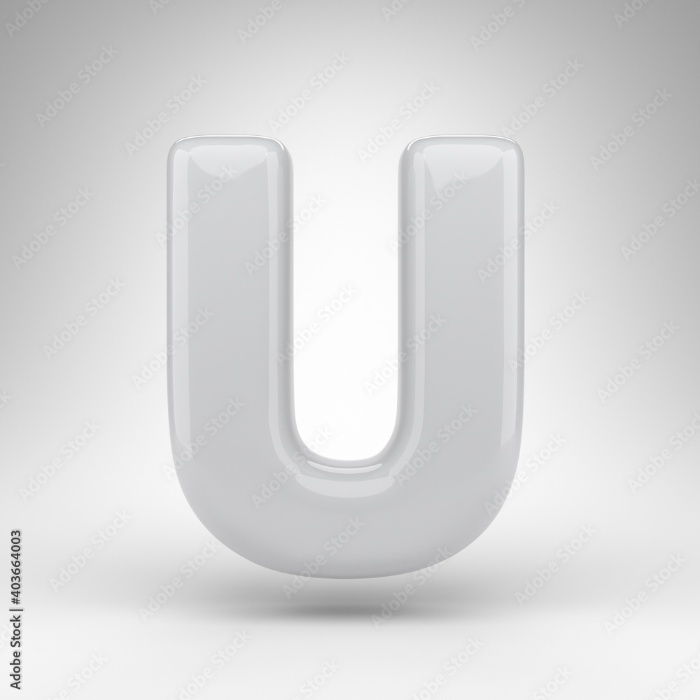 Letter U uppercase on white background. White plastic 3D rendered font with glossy surface. Letter U uppercase on white background. White plastic 3D rendered font with glossy surface.