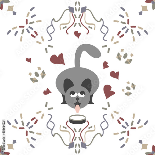 Fototapeta Naklejka Na Ścianę i Meble -  Seamless pattern. Gray cat drinking milk. Funny and cute. illustration vector white and colors.