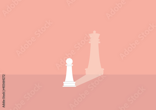 Vector illustration of a white pawn and the shadow of the queen on the wall. The pawn dreams of becoming a queen