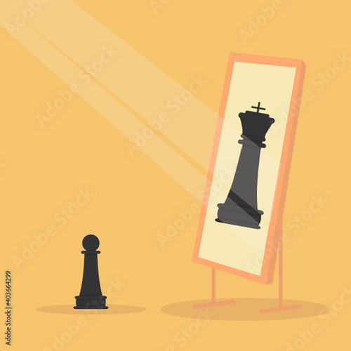 Vector illustration of a pawn looks in the mirror and dreams of becoming a queen